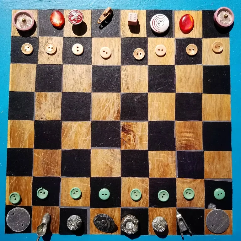 Improvised this chess set from bric-a-brac found in a thrift store in Vicenza, Italy with Sadie. We drew a grid on a piece of cardstock and played on it multiple times a day for 3 months until forgetting it on our returning flight to the States. I can't say that we are any better at chess now than when we started playing together, as our opponents can attest, but we love it anyway. It slows time and switches the tracks we usually run on. After using this strange set for so long it's actually odd now to play with proper pieces, really it just feels wrong.