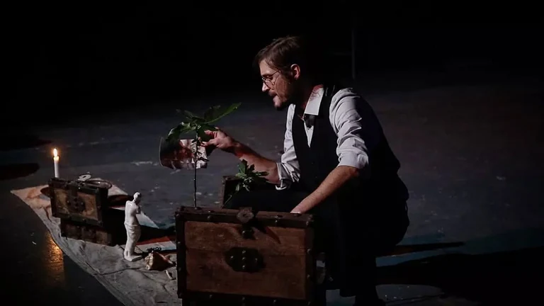 LookingÂ through old work from Fall of 2018, the last ensemble piece i directed - Frankenstein - I adapted it for a little over a year then worked with a group of four -- actors, a dancer, and a gardener -- for 3 months along with a composer. Many friends contributed to the development process. When we finally presented our work over the course of 6 nights, we were still only scratching the surface of all that we'd begun exploring and ended up with more exciting ideas than we'd started with.Â 

I'd been obsessed with the Newcomb Sculpture building, Woldenberg, and I'd wanted to make a piece there that could incorporate the energy of a creative laboratory where artists broughtÂ ideas into physicalÂ form. I thought, I want a Welder to hammer throughout a play and watch them make a sculpture, and my next thought was it has to be Frankenstein. I'd never read the book but was in awe that Shelley finished writing it when she was 19 -- the book creation itself entered a realm of magic and dreamweaving and mythmaking. I soon discovered how rich the text was - how beautiful the Creature's discovery of nature , how horrible the people of the world - the unnamed Creature'sÂ plight is relevant to anyone who's been abandoned by their community orÂ kin. Their articulation of their circumstances parallel in an uncanny way some writings of Frederick Douglass. I also wondered about Frankenstein as a creator - his decision to bring something into the world and refuse to take responsibility for its consequences.Â Mary would be present throughout

Many ideas, ultimately it was a catalyst to work with others. We experimented endlessly. The group was incredibly willing to try out any strange method that may result in something real or true that we could use. You can see from these photos that the piece was dark and intense and scary and beautiful.Â I'm grateful to have gone on the journey of making this piece with others.Â I'm glad I made it back then, because my desire now is to make something joyful and exuberant and full of light, but there's a season for all things, and though the darkness is unpleasant it's sometimes where one must go and pass through to find where the real medicine is.