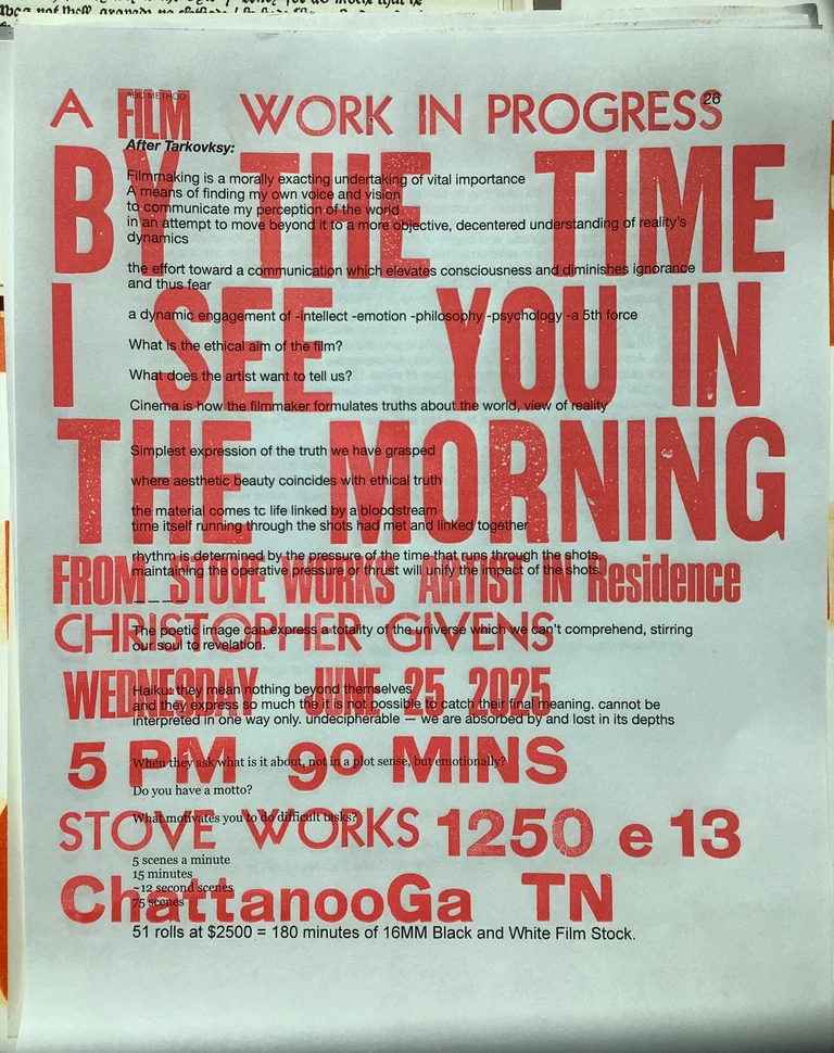 Chattanooga where yat?! Iâve been in residence this month at the artist haven that is  in Tennessee alongside some amazing creators, curators, and administrators. Here primarily editing the movie but took some time to experiment in the letterpress shop on-site  and made these flyers for a wip screening next Wednesday (come out Chatt!) Much thanks to  who set me up and guided the printing process it was super fun and a satisfying flow state to be in. The films inch closer to completion ðand continue revealing themselves. Truly thankful for places like Stove Works which nurture the wild flames of the souls imagination, innovation, and creative community.