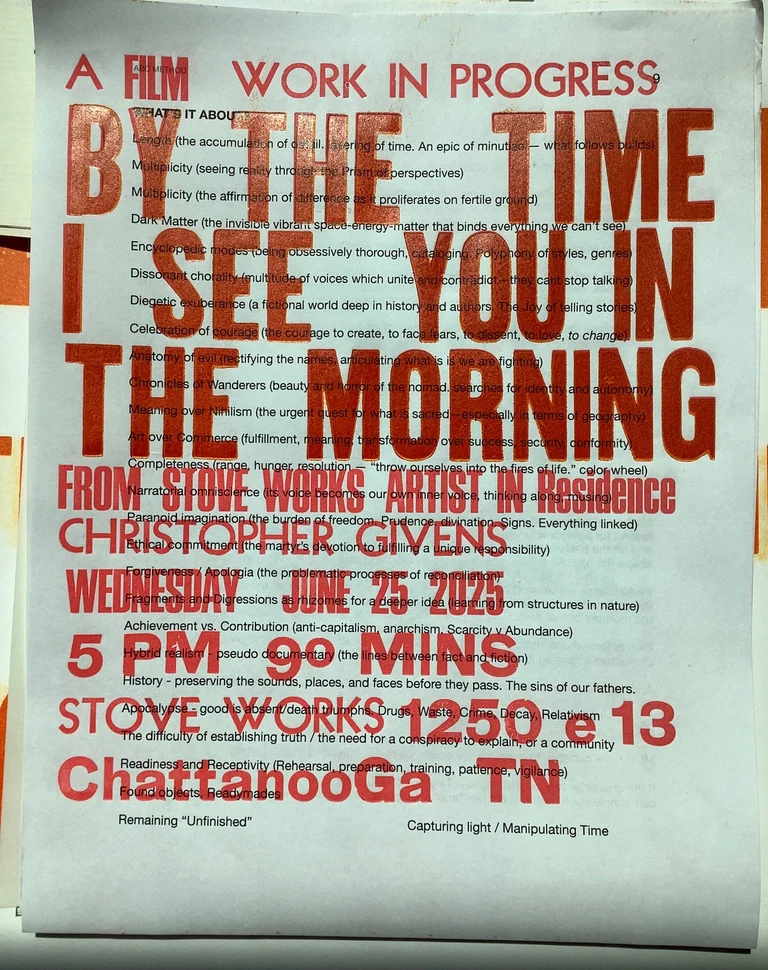 Chattanooga where yat?! Iâve been in residence this month at the artist haven that is  in Tennessee alongside some amazing creators, curators, and administrators. Here primarily editing the movie but took some time to experiment in the letterpress shop on-site  and made these flyers for a wip screening next Wednesday (come out Chatt!) Much thanks to  who set me up and guided the printing process it was super fun and a satisfying flow state to be in. The films inch closer to completion ðand continue revealing themselves. Truly thankful for places like Stove Works which nurture the wild flames of the souls imagination, innovation, and creative community.