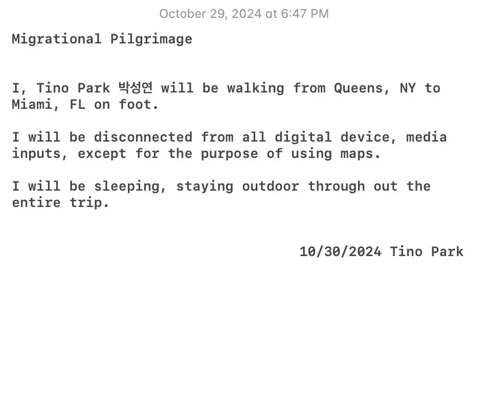 Tino Park’s October 29 Migrational Pilgrimage manifesto